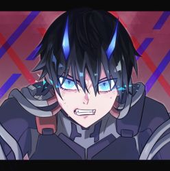 Rule 34 | 10s, 1boy, absurdres, black bodysuit, black hair, blue eyes, blue horns, bodysuit, comm327, commentary, darling in the franxx, eyes visible through hair, fangs, highres, hiro (darling in the franxx), horns, letterboxed, looking at viewer, male focus, oni horns, pilot suit, short hair, solo, tube