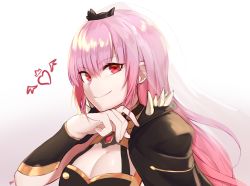 Rule 34 | 1girl, absurdres, black coat, breasts, cleavage, closed mouth, coat, coat on shoulders, frenchvanillu, heart, highres, hololive, hololive english, long hair, looking at viewer, mori calliope, pink hair, red eyes, signature, smile, solo, veil, virtual youtuber