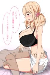 Rule 34 | 1boy, 1girl, bed, black bra, blonde hair, blush, bra, breasts, cleavage, earrings, gradient background, hair ornament, hetero, highres, huge breasts, jewelry, lace bra, long hair, nanae, open mouth, original, red eyes, shorts, simple background, sitting, smelling, solo focus, thighs, translated, transparent, twintails, underwear