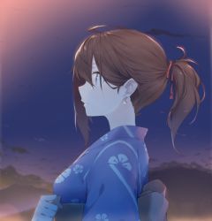 Rule 34 | 1girl, back bow, blue kimono, bow, brown eyes, brown hair, cloud, earrings, fhang, fingernails, glint, grey bow, hair ribbon, hand up, japanese clothes, jewelry, kimono, looking away, mountain, night, night sky, obi, original, outdoors, parted lips, ponytail, profile, red ribbon, ribbon, sash, sidelocks, sky, solo, star (sky), starry sky, upper body