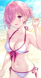 Rule 34 | 1girl, :d, adapted costume, arm up, bare arms, bare shoulders, beach, bikini, blush, breasts, cleavage, collarbone, commentary request, cowboy shot, day, fate/grand order, fate (series), front-tie bikini top, front-tie top, hair over one eye, halterneck, kuroki (ma-na-tu), mash kyrielight, mash kyrielight (swimsuit of perpetual summer), medium breasts, navel, official alternate costume, open mouth, outdoors, pink hair, purple eyes, short hair, short ponytail, side-tie bikini bottom, smile, solo, stomach, swimsuit, water, white bikini