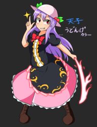 Rule 34 | 1girl, blush, boots, bow, color switch, cosplay, dress, food, fruit, grin, hat, hinanawi tenshi, layered dress, long hair, looking at viewer, manorea, peach, pointing, pointing up, purple hair, red eyes, reisen udongein inaba, reisen udongein inaba (cosplay), simple background, smile, solo, sparkle, sword of hisou, touhou, translated