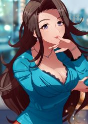 Rule 34 | 1girl, arm under breasts, blue sweater, bracelet, breasts, brown hair, cleavage, earrings, finger to mouth, ich., idolmaster, idolmaster cinderella girls, jewelry, lace, large breasts, long hair, looking at viewer, nail polish, necklace, pink lips, purple eyes, sweater, takahashi reiko, wavy hair
