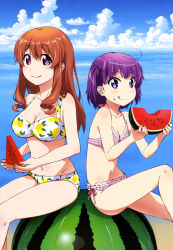 Rule 34 | 10s, 2girls, :p, :q, absurdres, ahoge, bikini, blue eyes, blush, breasts, brown hair, cleavage, cloud, collarbone, day, food, food on face, fruit, highres, holding, holding food, koufuku graffiti, large breasts, legs, long hair, looking at viewer, machiko ryou, medium breasts, morino kirin, multiple girls, non-web source, nyantype, ocean, official art, outdoors, pink eyes, purple hair, short hair, short twintails, side-tie bikini bottom, sitting, sky, smile, striped, swimsuit, tongue, tongue out, twintails, water, watermelon
