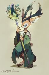 Rule 34 | 1boy, animal ears, antlers, artist name, barefoot, blue eyes, cloak, cloven hooves, commentary, deer boy, deer ears, deer tail, digitigrade, expressionless, fewer digits, from side, full body, furry, furry male, green cloak, green horns, highres, holding, holding staff, hooves, horns, long sleeves, looking at viewer, male focus, murayama ryota, original, signature, simple background, solo, staff, standing, tail, wide sleeves, yellow background, yellow pupils