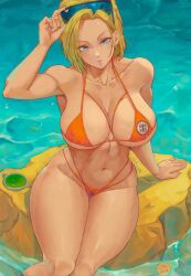 Rule 34 | 1girl, absurdres, alterlesott, alternate costume, android 18, arm support, bikini, blonde hair, blue eyes, breasts, collarbone, dragon ball, dragon ball (object), dragon radar, dragonball z, earrings, eyewear on head, fish, highres, jewelry, large breasts, looking at viewer, navel, orange bikini, parted lips, short hair, sitting, solo, sunglasses, swimsuit, thick thighs, thighs, water