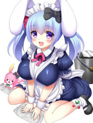 Rule 34 | 1girl, animal ears, apron, black bow, blue hair, blush, bow, breasts, bucket, character request, cleavage, hair bow, inma kourin devil carnival, large breasts, long hair, looking at viewer, maid, maid apron, maid headdress, nipples, open mouth, pink ribbon, purple eyes, rabbit, rabbit ears, rabbit girl, rag, ribbon, seta (monyun), smile, solo, stuffed animal, stuffed rabbit, stuffed toy, twintails, wrist cuffs