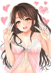 Rule 34 | 10s, 1girl, :d, babydoll, blush, breasts, brown eyes, brown hair, double v, half updo, harino646, heart, idolmaster, idolmaster cinderella girls, lingerie, long hair, looking at viewer, matching hair/eyes, medium breasts, navel, one side up, open mouth, shimamura uzuki, side ponytail, simple background, smile, solo, underwear, underwear only, v