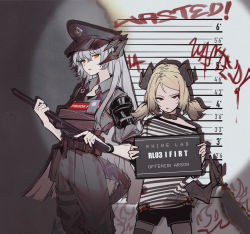 Rule 34 | 2girls, arknights, baton, black pants, black shorts, blonde hair, burnt clothes, character name, chinese commentary, collar, demon horns, demon tail, dragon horns, dragon tail, english text, hat, height chart, highres, holding, holding sign, holding weapon, horns, id card, ifrit (arknights), long hair, low twintails, mugshot, multiple girls, official alternate costume, orange eyes, pants, police, police hat, police uniform, red eyes, saria (arknights), saria (the law) (arknights), shirt, short hair, short twintails, shorts, sign, single thighhigh, standing, storia, striped clothes, striped shirt, tail, thighhighs, twintails, uniform, very long hair, walkie-talkie, weapon