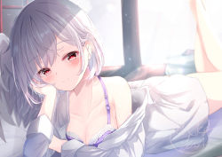 Rule 34 | 1girl, absurdres, blush, bra, braid, breasts, cleavage, closed mouth, collarbone, feathered wings, grey hair, highres, kishin sagume, large breasts, long sleeves, looking at viewer, lying, niko kusa, on stomach, purple bra, red eyes, short hair, signature, single wing, smile, solo, the pose, touhou, underwear, white wings, wings