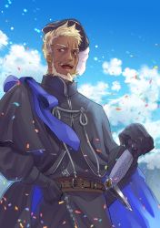 Rule 34 | 1boy, :o, absurdres, beard, belt, black cape, black gloves, black hat, blonde hair, blue sky, cape, cck (ops), clenched hand, confetti, dark-skinned male, dark skin, day, facial hair, gloves, hat, highres, looking at viewer, male focus, outdoors, pixiv fantasia, pixiv fantasia mountain of heaven, red eyes, scar, scar across eye, scar on face, sheath, sheathed, sky, solo, standing, verlis geisler