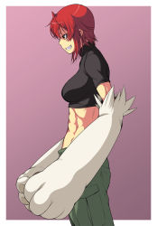 Rule 34 | 1girl, abs, animal hands, babydoll t-shirt, breasts, cargo pants, crop top, fangs, gradient background, grin, impossible clothes, impossible shirt, kaibutsu oujo, kouda tomohiro, large breasts, midriff, pants, profile, red hair, riza wildman, shirt, short hair, simple background, smile, solo, turtleneck, yellow eyes