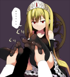Rule 34 | ..., 1girl, atahuta, bare shoulders, black thighhighs, blonde hair, censored, dress, elbow gloves, artistic error, feet, foot massage, footjob, gloves, hands on feet, hime (kaibutsu oujo), kaibutsu oujo, long hair, no shoes, penis, red eyes, soles, solo focus, spread toes, thighhighs, toes