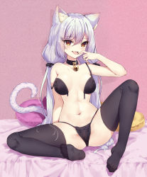 Rule 34 | 1girl, animal ear fluff, animal ears, bed sheet, bell, black bra, black collar, black nails, black panties, black thighhighs, blush, bra, breasts, brown eyes, cat ears, cat girl, cat tail, collar, commentary request, feet, fingernails, hair between eyes, hand up, highres, jingle bell, long hair, looking at viewer, medium breasts, nail polish, navel, neck bell, neps-l, no shoes, open bra, original, panties, parted lips, pillow, silver hair, soles, solo, spread legs, strap slip, tail, tail raised, thighhighs, tongue, tongue out, underwear, underwear only, very long hair