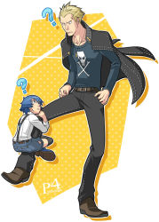 Rule 34 | 1boy, 1girl, ?, age difference, androgynous, atlus, bad id, bad pixiv id, blonde hair, blue hair, bullet, choumoku (toriko b c), ear piercing, jacket, jacket on shoulders, jewelry, jolly roger, necklace, persona, persona 4, piercing, reverse trap, scar, shirogane naoto, short hair, standing, suspenders, tatsumi kanji, aged down