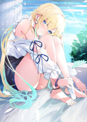 Rule 34 | 1girl, absurdres, aizawa ema, aqua hair, barefoot, black skirt, blonde hair, blue eyes, blue sky, blush, closed mouth, cloud, day, earrings, highres, indoors, jewelry, laudayon, legs, long hair, looking at viewer, multicolored hair, shirt, sitting, skirt, sky, solo, thighs, toes, two-tone hair, very long hair, virtual youtuber, vspo!, white shirt, window