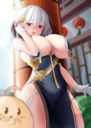 Rule 34 | 1girl, absurdres, azur lane, blurry, blurry background, blurry foreground, blush, braid, breast curtains, breasts, china dress, chinese clothes, dress, flower, from below, garter straps, gloves, grey dress, hair flower, hair ornament, half gloves, highres, huge breasts, kurono suzuran, looking at viewer, looking down, manjuu (azur lane), neckwear between breasts, official alternate costume, outdoors, pelvic curtain, purple eyes, revealing clothes, see-through, side braid, sirius (azur lane), sirius (azure horizons) (azur lane), solo, white gloves, white hair