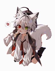 Rule 34 | 1boy, absurdres, aged down, ahoge, anger vein, angry, animal ear fluff, animal ears, black footwear, black hair, boots, collarbone, collared shirt, cuffs, epaulettes, fox ears, fox tail, gloves, green eyes, handcuffs, hat, heterochromia, highres, indie virtual youtuber, jacket, jacket on shoulders, long sleeves, military hat, multicolored hair, necktie, ookami ciro, ookami ciro (character), original, red eyes, shirt, shorts, simple background, single glove, spiked hair, spoken anger vein, tail, virtual youtuber, white background, white hair