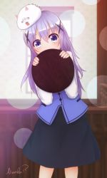 Rule 34 | 1girl, angora rabbit, animal, animal on head, black skirt, blue vest, blush, buttons, commentary request, covered mouth, gochuumon wa usagi desu ka?, hair between eyes, hair ornament, hairclip, highres, holding, holding tray, indoors, kafuu chino, leaning to the side, long hair, long sleeves, looking at viewer, masaka k, on head, open mouth, rabbit, rabbit house uniform, rabbit on head, shirt, signature, skirt, solid circle eyes, standing, tippy (gochiusa), tray, vest, white shirt, window, x hair ornament