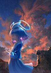 Rule 34 | 1girl, :d, ^ ^, arona (blue archive), backlighting, blue archive, blue hair, braid, choker, closed eyes, cloud, cloudy sky, commentary request, from side, gradient hair, hairband, halo, highres, long sleeves, looking afar, looking away, miyoshi nao (miyoshist), mountainous horizon, multicolored hair, open mouth, pleated skirt, scenery, school uniform, serafuku, short hair, sidelocks, single braid, skirt, sky, smile, solo, twilight, two-tone hair, wind
