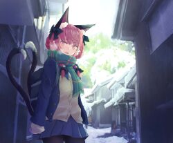 Rule 34 | 1girl, animal ears, black pantyhose, blue jacket, blue skirt, cat ears, cat girl, cat tail, contemporary, green scarf, highres, jacket, kaenbyou rin, kiritanpo117, looking at viewer, multiple tails, pantyhose, red eyes, red hair, scarf, school uniform, shirt, skirt, snow, solo, tail, touhou, yellow shirt