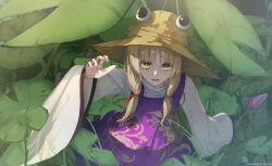 Rule 34 | 1girl, blonde hair, brown hat, chinese commentary, commentary request, eps3rd, hair ornament, hair ribbon, hat, highres, long hair, long sleeves, looking at viewer, moriya suwako, open mouth, plant, plant request, red ribbon, ribbon, smile, solo, touhou, wide sleeves, yellow eyes