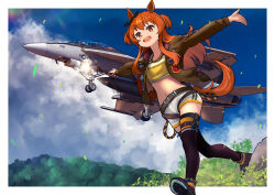 Rule 34 | 1girl, aircraft, airplane, animal ears, belt, black thighhighs, bomber jacket, bow, brown belt, brown jacket, dog tags, ear bow, fighter jet, highres, horse ears, horse girl, horse tail, horseshoe, jacket, jet, mayano top gun (umamusume), midriff, military, military vehicle, mountain, navel, open mouth, orange hair, outstretched arms, round teeth, running, shorts, solo, tail, teeth, thighhighs, timmyyen, two side up, umamusume, upper teeth only, white shorts