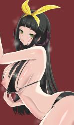 Rule 34 | 1girl, absurdres, arched back, bikini, bikini pull, black bikini, black hair, blunt bangs, blush, breasts, breath, clothes pull, destiny child, from side, green eyes, hair ribbon, hairband, highres, large breasts, long hair, looking at viewer, looking to the side, nipples, parted lips, pulling own clothes, ribbon, shadytown, shiny skin, solo, sweat, swimsuit, wodan (destiny child)