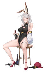 Rule 34 | 1girl, absurdres, alcohol, animal ears, arm support, bare legs, bare shoulders, baseball cap, black collar, black leotard, bottle, breasts, brown hairband, closed mouth, clothing cutout, collar, commentary, copyright request, covered navel, detached sleeves, drill hair, fake animal ears, full body, grey hair, hair over shoulder, hairband, hat, unworn headwear, heart cutout, high heels, highleg, highleg leotard, highres, holding, holding bottle, large breasts, leotard, long hair, looking at viewer, no legwear, panana, puffy sleeves, rabbit ears, red eyes, red footwear, red headwear, sideboob, simple background, sitting, solo, spread legs, stool, swept bangs, symbol-only commentary, taut leotard, thigh strap, thighs, tsurime, twin drills, white background