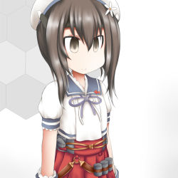 Rule 34 | 1girl, blue sailor collar, breast conscious, brown eyes, brown hair, commentary request, cosplay, depth charge, empty eyes, flat chest, flower, gloves, hair flower, hair ornament, honeycomb (pattern), honeycomb background, kantai collection, ouno (nounai disintegration), pleated skirt, puffy short sleeves, puffy sleeves, red skirt, sailor collar, sailor shirt, shirt, short sleeves, skirt, solo, taihou (kancolle), white background, white gloves, yashiro (kancolle), yashiro (kancolle) (cosplay)