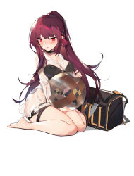 Rule 34 | 1girl, absurdres, bag, ball, beachball, black one-piece swimsuit, blush, breasts, cleavage, full body, girls&#039; frontline, hair ribbon, hat, highres, large breasts, long hair, looking at viewer, official alternate costume, one-piece swimsuit, open mouth, ponytail, purple hair, red eyes, ribbon, see-through, simple background, sitting, solo, swimsuit, swimsuit under clothes, very long hair, wa2000 (girls&#039; frontline), wa2000 (op. manta ray) (girls&#039; frontline), wariza, white background, xxi