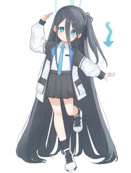 Rule 34 | 1girl, absurdly long hair, absurdres, aris (blue archive), arrow (symbol), black hair, black hairband, black jacket, black ribbon, black skirt, black socks, blue archive, blue eyes, blue necktie, blush, closed mouth, collared shirt, commentary request, eyelashes, hair between eyes, hair ribbon, hairband, halo, hand up, highres, jacket, leg up, long bangs, long hair, long sleeves, looking at viewer, multicolored clothes, multicolored jacket, necktie, one side up, open clothes, open jacket, pleated skirt, pocket, puffy long sleeves, puffy sleeves, ribbon, school uniform, shirt, shirt tucked in, shoes, sidelocks, simple background, skirt, smile, sneakers, socks, solo, split mouth, standing, standing on one leg, tachibana shiori (suica 112), two-tone jacket, very long hair, white background, white footwear, white jacket, white shirt, wing collar