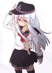 Rule 34 | 1girl, anchor symbol, black hat, black sailor collar, black skirt, black thighhighs, blue eyes, commentary request, cowboy shot, dated, flat cap, fujisaki yuu, hat, hibiki (kancolle), kantai collection, long hair, long sleeves, neckerchief, pleated skirt, red neckerchief, sailor collar, school uniform, serafuku, silver hair, skirt, solo, standing, thighhighs, torn clothes, twitter username, white background