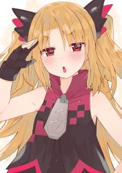 Rule 34 | 1girl, absurdres, akatsuki uni, blonde hair, commentary request, gloves, highres, long hair, looking at viewer, open mouth, portrait, red eyes, simple background, sleeveless, solo, tonarikeru, uni create, virtual youtuber
