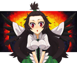 Rule 34 | 1girl, :o, alternate hairstyle, bad id, bad pixiv id, black hair, black wings, blush, breasts, breasts squeezed together, cape, female focus, forehead, high ponytail, ke-su, long hair, open mouth, red eyes, reiuji utsuho, solo, topknot, touhou, v arms, wings