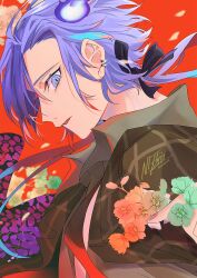 Rule 34 | 1boy, aqua hair, black cape, black ribbon, blue hair, brown jacket, cape, collared shirt, earrings, falling petals, fingernails, floral print, flower, from side, gradient flower, green flower, grey shirt, hair ribbon, highres, hitodama, holding, holding flower, holostars, jacket, jewelry, long hair, looking at viewer, low ponytail, male focus, minase rio, multicolored hair, neck ribbon, official alternate costume, open clothes, open collar, open jacket, orange flower, parted bangs, parted lips, petals, pink flower, plaid, plaid jacket, profile, purple eyes, purple hair, red ribbon, ribbon, ritsuno ananda, shirt, sideways glance, signature, slit pupils, solo, streaked hair, undone neck ribbon, upper body, virtual youtuber, wisteria