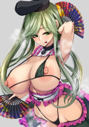 Rule 34 | 1girl, :p, bikini, black hat, breasts, closed mouth, folding fan, frills, green bikini, green eyes, green hair, grey background, groin, hand fan, hat, heart, heart-shaped pupils, highres, holding, holding fan, large breasts, long hair, looking at viewer, micro bikini, nipples, simple background, smile, solo, speech bubble, swimsuit, symbol-shaped pupils, tate eboshi, teireida mai, textless version, tongue, tongue out, touhou, upper body, yukito (dreamrider)