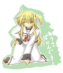 Rule 34 | 00s, 1girl, ;d, all fours, arisa bunnings, blonde hair, capelet, dress, frills, full body, green background, grin, leaning forward, looking at viewer, lyrical nanoha, mahou shoujo lyrical nanoha, one eye closed, open mouth, sailor collar, school uniform, simple background, smile, solo, teeth, text focus, white dress, zero point