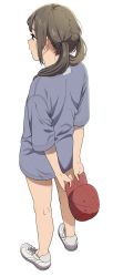 Rule 34 | 1girl, arms behind back, baseball cap, blue shirt, brown eyes, brown hair, full body, hair over shoulder, hair tie, hat, holding, holding clothes, holding hat, long hair, looking away, mattaku mousuke, no socks, original, profile, red hat, shirt, shoes, short sleeves, simple background, sneakers, solo, standing, twintails, unworn hat, unworn headwear, white background, white footwear