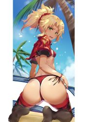 Rule 34 | 1girl, ass, beach, bikini, black ribbon, black thighhighs, blonde hair, blue sky, breasts, cloud, cropped jacket, day, fate/grand order, fate (series), from behind, green eyes, hair ornament, hair scrunchie, jacket, kakumayu, kneeling, light rays, long hair, looking at viewer, looking back, mordred (fate), mordred (fate/apocrypha), mordred (swimsuit rider) (first ascension) (fate), no shoes, open clothes, open jacket, outdoors, palm tree, parted bangs, ponytail, red bikini, red jacket, ribbon, sand, scrunchie, short sleeves, shrug (clothing), side-tie bikini bottom, sidelocks, sky, small breasts, smile, solo, sunbeam, sunlight, surfboard, swimsuit, thighhighs, tree