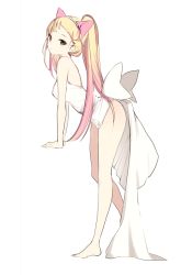 Rule 34 | 1girl, animal ears, arm support, bad id, bad tumblr id, bare arms, bare legs, bare shoulders, barefoot, blonde hair, bottomless, bow, brown eyes, cat ears, dress, expressionless, fake animal ears, from side, full body, gradient hair, hairband, head tilt, leaning forward, legs, long hair, looking at viewer, looking to the side, lpip, multicolored hair, original, pink hair, ponytail, simple background, solo, standing, thighs, toes, very long hair, white background, white bow, white dress