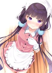 Rule 34 | 1girl, apron, black hair, blend s, commentary request, cowboy shot, frilled apron, frills, from above, gloves, head scarf, holding, holding tray, k mugura, long hair, looking at viewer, low twintails, pink shirt, pink skirt, purple eyes, sakuranomiya maika, shirt, skirt, solo, standing, stile uniform, tray, twintails, waist apron, waitress, white apron, white gloves, wooden floor