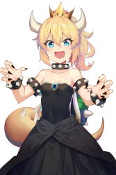 Rule 34 | 1girl, :d, aged down, aqua eyes, armlet, bad id, bad pixiv id, bare shoulders, black nails, blonde hair, bowsette, bracelet, breasts, child, cleavage, collar, collarbone, crown, eyebrows, fang, highres, horns, jewelry, mario (series), nail polish, new super mario bros. u deluxe, nintendo, open mouth, ponytail, short hair, simple background, small breasts, smile, solo, soya (torga), spiked armlet, spiked bracelet, spiked collar, spikes, super crown, tail, white background