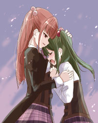 Rule 34 | arm up, arms up, assault lily, black jacket, blunt bangs, bow, bowtie, brown eyes, brown hair, closed eyes, collared shirt, commentary request, corset, crying, from side, gradient background, green hair, grey background, hair bobbles, hair ornament, hanaoka angela moe, hand on another&#039;s arm, hand on another&#039;s head, hand up, heads together, height difference, highres, jacket, juliet sleeves, light particles, light smile, long hair, long sleeves, looking at another, looking down, ludvico private girls&#039; academy school uniform, one side up, open clothes, open jacket, open mouth, parted lips, pink bow, pink bowtie, pink skirt, plaid, plaid skirt, profile, puffy sleeves, sano matilda kokoro, school uniform, shirt, skirt, solo, standing, teeth, underbust, upper body, upper teeth only, urutsu sahari, white shirt, yuri