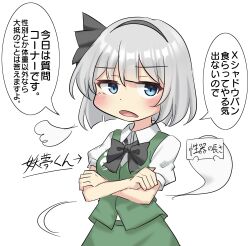 Rule 34 | 1girl, arrow (symbol), black bow, black bowtie, black hairband, blue eyes, bow, bow hairband, bowtie, collared shirt, commentary request, crossed arms, deformed, dot nose, ghost print, green skirt, green vest, grey hair, hair between eyes, hairband, highres, holding, holding sign, konpaku youmu, konpaku youmu (ghost), light blush, looking at viewer, open mouth, puffy short sleeves, puffy sleeves, shirt, short hair, short sleeves, sign, simple background, skirt, skirt set, speech bubble, touhou, translation request, upper body, vest, white background, white shirt, youmu-kun