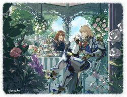 Rule 34 | 2boys, :d, aglovale (granblue fantasy), arm rest, armchair, armor, armored boots, black pants, blonde hair, blue armor, blue scarf, boots, border, brown eyes, brown hair, castle, chair, cloud, crossed legs, cup, day, eye contact, fading border, faulds, flower, food, foot out of frame, gauntlets, gazebo, gold trim, granblue fantasy, hair between eyes, hanging plant, holding, holding cup, long hair, long sleeves, looking at another, male focus, multiple boys, open mouth, pants, parted lips, pink flower, pink rose, plant, purple flower, red eyes, rose, sandwich, satuko8, scarf, scone, shoulder armor, siegfried (granblue fantasy), sitting, smile, sugar bowl, table, tablecloth, talking, tart (food), teacup, teapot, teeth, tiered tray, tree, twitter username, upper body, upper teeth only, violet (flower), waist cape, wavy hair, white armor, white border, white flower, white rose