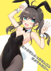 Rule 34 | 1girl, ahoge, animal ears, aqua eyes, arms up, black leotard, bow, bowtie, breasts, brown hair, covered navel, cowboy shot, detached collar, fake animal ears, fake tail, hair between eyes, highres, hololive, index finger raised, leotard, medium hair, middle w, minamura haruki, nail polish, natsuiro matsuri, open mouth, pantyhose, pink nails, playboy bunny, pov, rabbit ears, rabbit tail, small breasts, smile, solo, strapless, strapless leotard, tail, twintails, virtual youtuber, w, wrist cuffs, yellow background