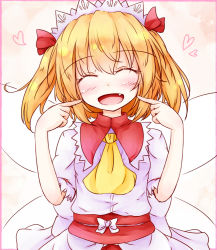 Rule 34 | 1girl, ^ ^, ascot, blouse, blush, border, bow, capelet, closed eyes, cowboy shot, fang, framed, hair bow, heart, insect wings, large bow, maid headdress, neko mata, obi, open mouth, orange hair, outside border, pink background, pink border, pointing, pointing at self, ribbon, sash, shirt, short sleeves, skirt, skirt set, smile, solo, sunny milk, touhou, twintails, white shirt, wings