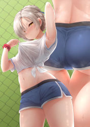 Rule 34 | 1girl, absurdres, armpits, arms up, ass, azur lane, blonde hair, braid, breasts, chain-link fence, clothes pull, cowboy shot, crop top, fence, french braid, hair over one eye, highres, john zerowb, medium breasts, midriff, pantylines, scrunchie, sheffield (azur lane), shirt, shirt pull, short shorts, shorts, sweat, thighs, tied shirt, white shirt, wrist scrunchie, yellow eyes