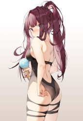 Rule 34 | 1girl, ass, back cutout, backless swimsuit, bare arms, bare back, bare shoulders, black one-piece swimsuit, blunt bangs, blush, braid, breasts, casual one-piece swimsuit, closed mouth, clothing cutout, commentary, cowboy shot, dduck kong, eyes visible through hair, food, from behind, girls&#039; frontline, gradient background, grey background, highres, holding, holding food, ice cream, ice cream cone, long hair, looking at viewer, looking back, medium breasts, medium hair, official alternate costume, one-piece swimsuit, purple eyes, purple hair, side ponytail, solo, swimsuit, v-shaped eyebrows, very long hair, wa2000 (girls&#039; frontline), wa2000 (op. manta ray) (girls&#039; frontline)